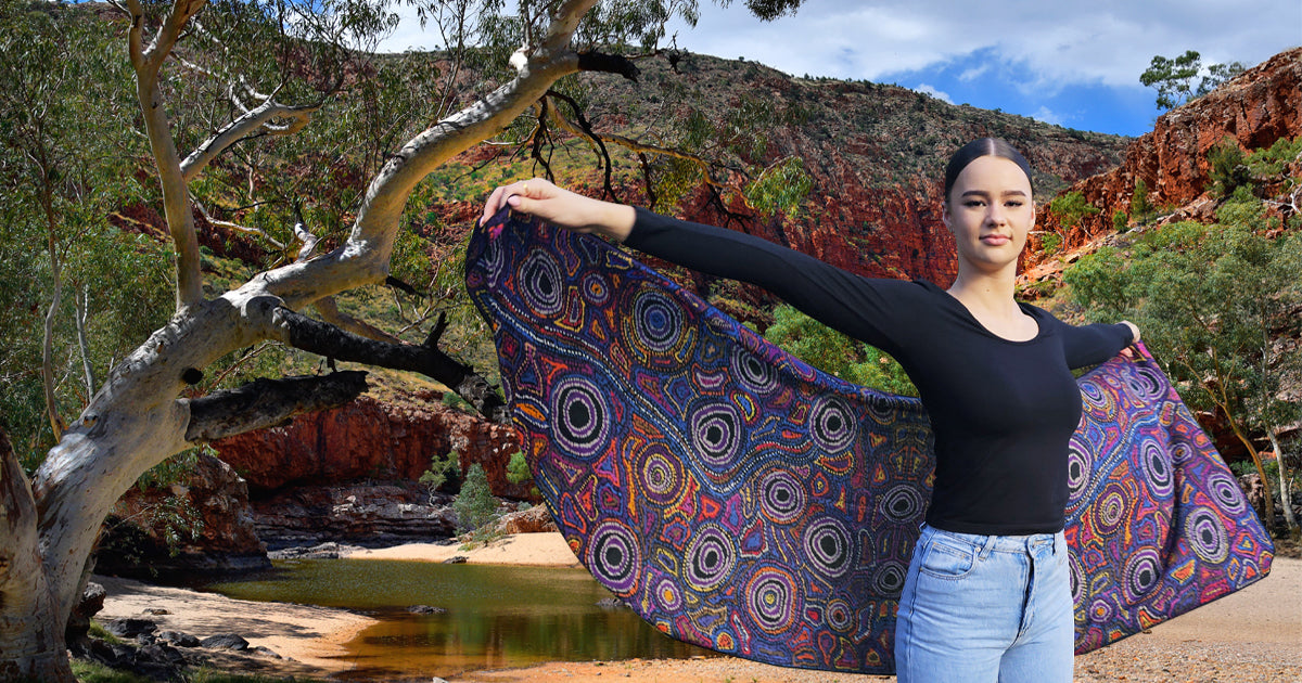 Mainie Australia Wool Scarf, Woolmark, Pure Australian Merino, Rock Pools, Ethical Aboriginal Art, Fashion with Purpose, Luxurious, Authentic, Unique, Sustainable, Outback Colours