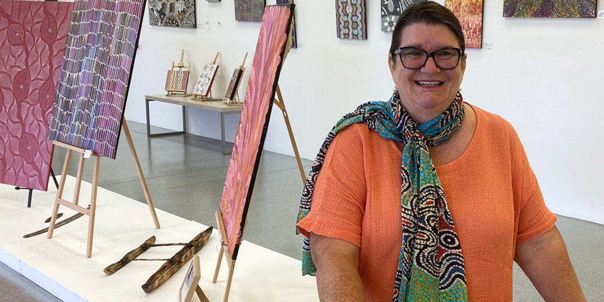 Mainie Australia founder Charmaine Saunders wearing Mainie Medicine Silk Scarf, ethical & authentic Aboriginal art design Mina Mina Dreaming
