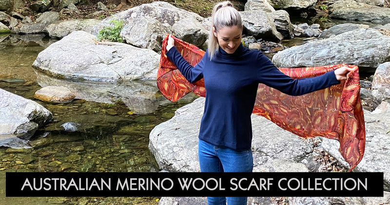 mainie, woolmark, australian merino wool scarf, aboriginal art, ethical fashion