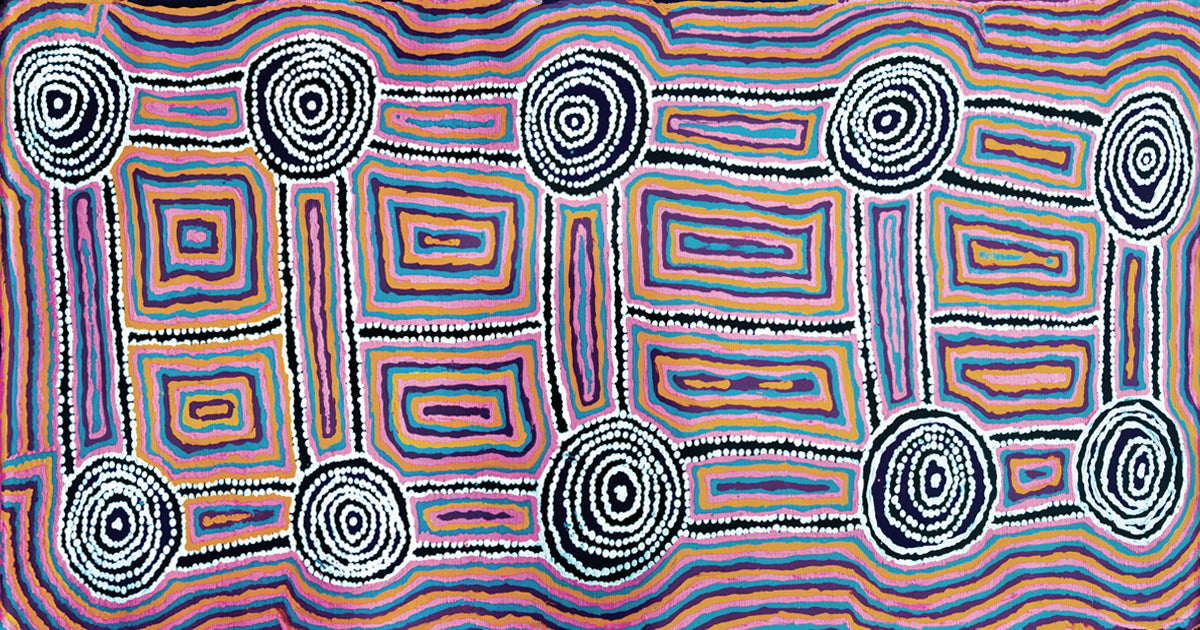 Mina Mina Jukurrpa, an original painting by traditional Warlpiri artist, Jeanie Napangardi Lewis