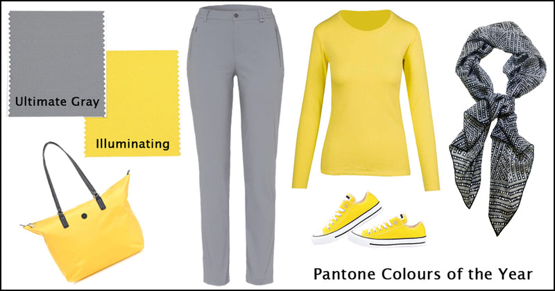 Ultimate Gray Illuminating yellow Pantone colours 2021, Australian merino wool scarf, style board, Mainie Aboriginal design fashion