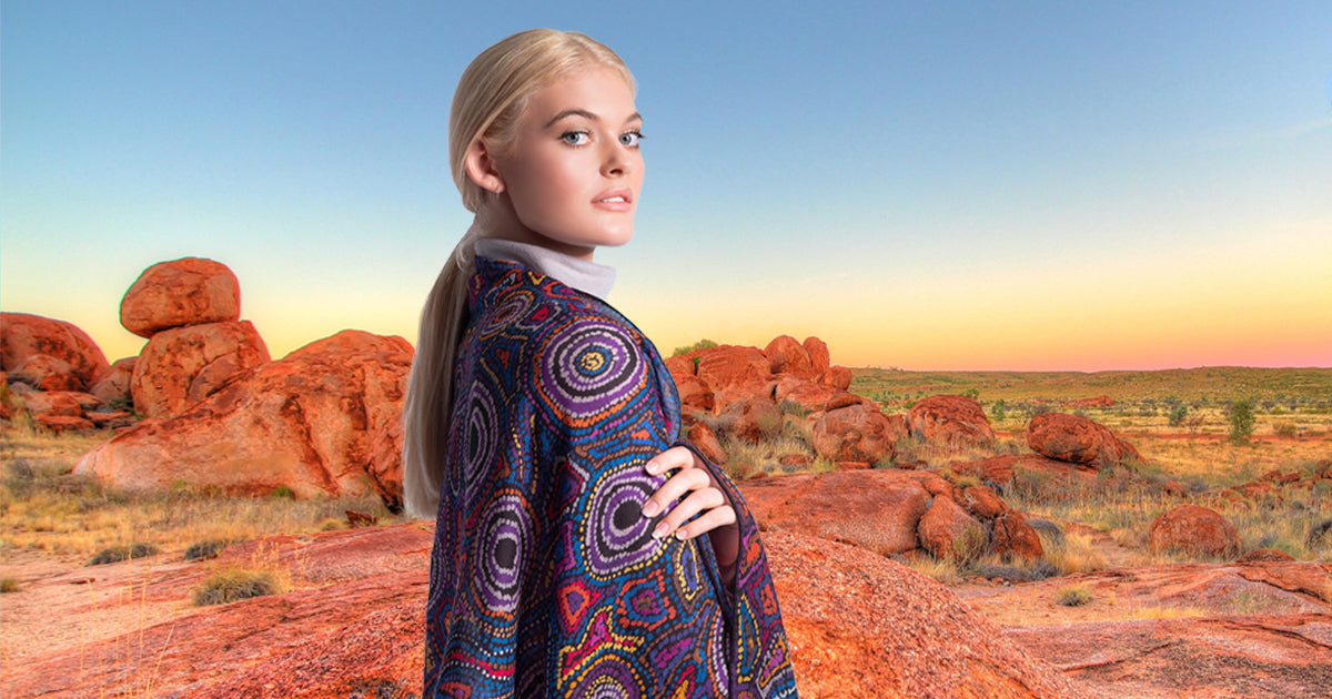 Rock Pools Dreaming Scarf, Authentic Aboriginal Art, Finest Woolmark Australian Merino Wool, Ethical Brand, Sustainable Fashion, Mainie Australia